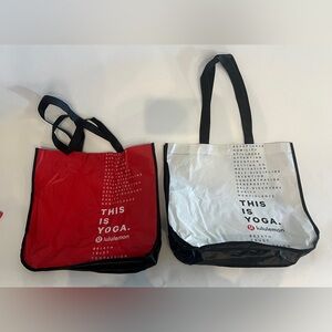 2 Lululemon Red & White Reusable Shopping Gym Tote Lunch Bag Large This is Yoga